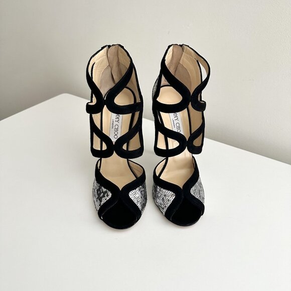 NEW JIMMY CHOO Tempest Black Suede Silver Sequin Cutout Heels Sandals Size 38 - Picture 3 of 11